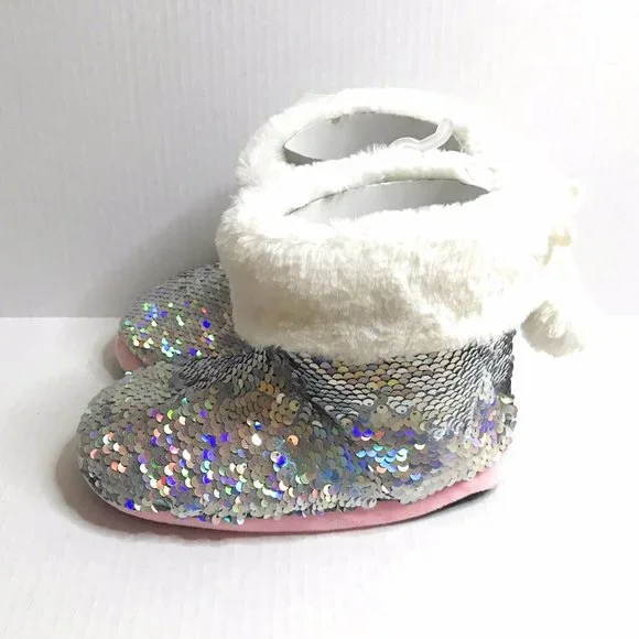 Girls Silver White Booties with Sequins, Warm Sparkly Slippers, Great Gift NWT - Picture 3 of 8